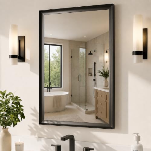 USHOWER Black Bathroom Mirrors for Over Sink 24x36 Inch, Aluminum Framed Rectangle Vanity Mirror for Wall, Bedroom, Living Room, Entryway, Farmhouse, Anti-Rust, HD Tempered Glass, Horizontal/Vertical - color: Black, size: 36"L x 24"W