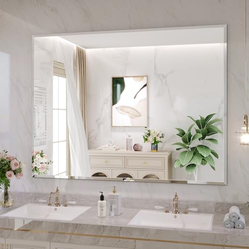 Frameless Bathroom Mirror, 48"x36" Beveled Bathroom Vanity Mirror | 15mm beveled edge, frameless, 5mm HD glass, anti-rust, french cleat, horizontally or vertically, for bathroom/bedroom - size: 48"L x 36"W