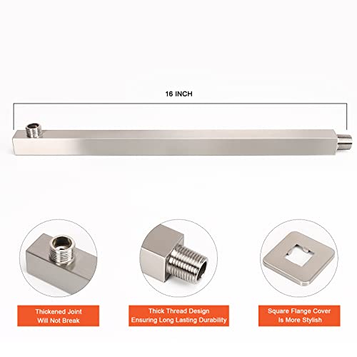 Shower Head with Extension Arm, High Pressure Square with ShowerArm, Stainless Steel Rainfall-Waterfall Full Body Coverage (10'' Shower with 16'' Arm, Brushed Nickel) - color: Brushed Nickel, size: 10'' Shower with 16'' Arm