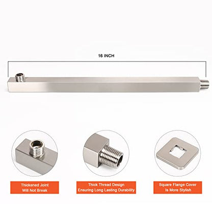 Shower Head with Extension Arm, High Pressure Square with ShowerArm, Stainless Steel Rainfall-Waterfall Full Body Coverage (10'' Shower with 16'' Arm, Brushed Nickel) - color: Brushed Nickel, size: 10'' Shower with 16'' Arm