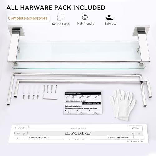 LANC Bathroom Shelf with Towel Bars - 20-Inch Silver Floating Tempered Glass Shelves with 2 Rails for Bathroom Kitchen Accessories Organizer Glass Rack Wall Mount Stainless Steel Chrome, A7617CP - color: Chrome Polished