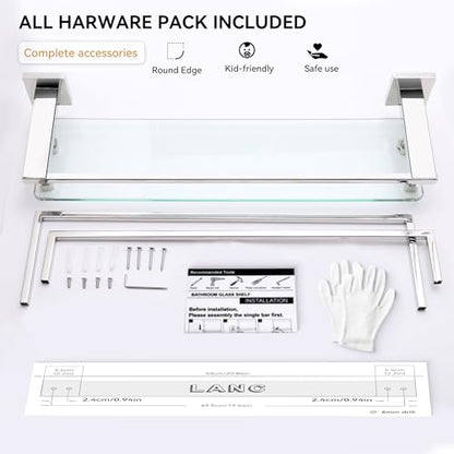 LANC Bathroom Shelf with Towel Bars - 20-Inch Silver Floating Tempered Glass Shelves with 2 Rails for Bathroom Kitchen Accessories Organizer Glass Rack Wall Mount Stainless Steel Chrome, A7617CP - color: Chrome Polished