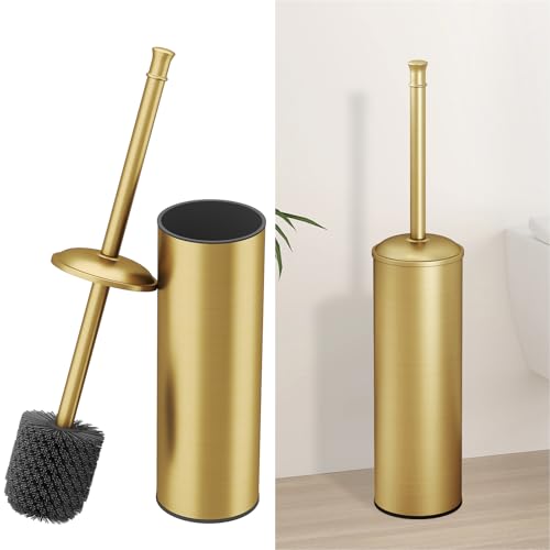 Toilet Brush and Holder, Toilet Cleaner Bowl Set with Two Brush with Extra Long Handle, Durable Bristles Toilet Scrubber and Covered Holder, Drip-Proof Stainless Steel Brushed Gold - color: Brushed Gold
