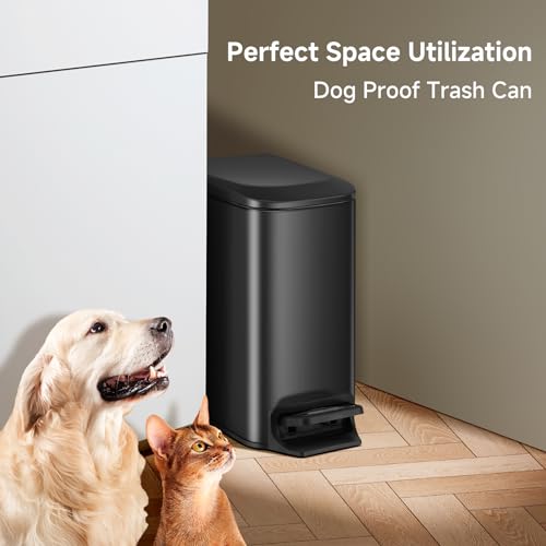 TIPGO Slim Bathroom Trash Can with Lid Soft Close, Step Pedal, 6 Liter / 1.6 Gallon Stainless Steel Garbage Can with Removable Inner Bucket, Anti-Fingerprint Finish (Matte Black) - color: Matte Black