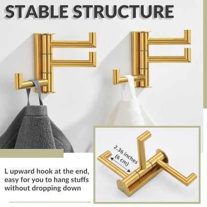 3-Arm Swivel Towel Hooks, 2 Pack, Brushed Gold, Wall Mounted | 304 Stainless Steel, Bathroom Kitchen Closet Use, Heavy Duty 11 lbs Wall Hooks for Towels, Dishrags, Easy 180° Rotate & Fold - color: Brushed Gold, size: 2 Pack