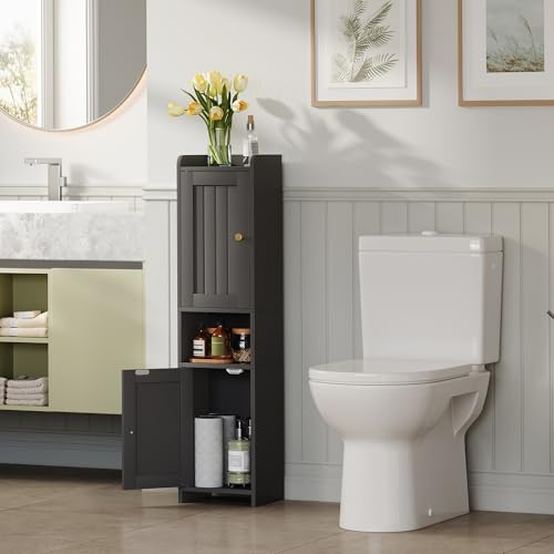 Bathroom Cabinet with 2 Doors, 7.3 x 9.8 x 40.4 Inches, Small Freestanding Storage Cabinet with Adjustable Shelf, Floor Cabinet for Small Spaces, Bathroom, Entrances, Kitchen, Black