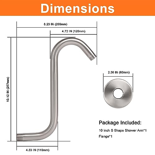 S Shaped Shower Arm, High Rise Shower Head Extension Pipe Standard 1/2" Connection with Flange, Awesome Shower Experience-Stainless Steel Bathroom Accessory(10 Inch S Shape, Brushed Nickel) - color: Brushed Nickel, style: 10" S Shape