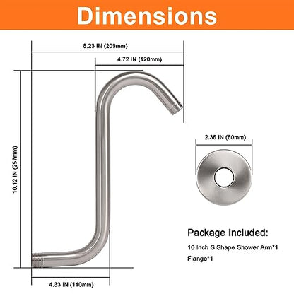 S Shaped Shower Arm, High Rise Shower Head Extension Pipe Standard 1/2" Connection with Flange, Awesome Shower Experience-Stainless Steel Bathroom Accessory(10 Inch S Shape, Brushed Nickel) - color: Brushed Nickel, style: 10" S Shape