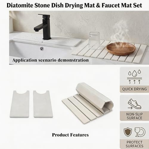 Stone Dish Drying Mat for Kitchen Counter, Quick Dry Stone Mats | 16'' x 12'', Includes 1 Dish Mat & 1 Faucet Mat - size: 16" x 12"