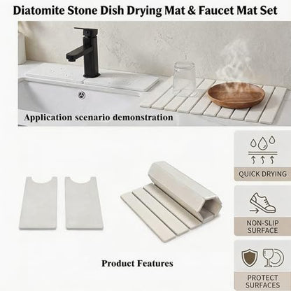 Stone Dish Drying Mat for Kitchen Counter, Quick Dry Stone Mats | 16'' x 12'', Includes 1 Dish Mat & 1 Faucet Mat - size: 16" x 12"