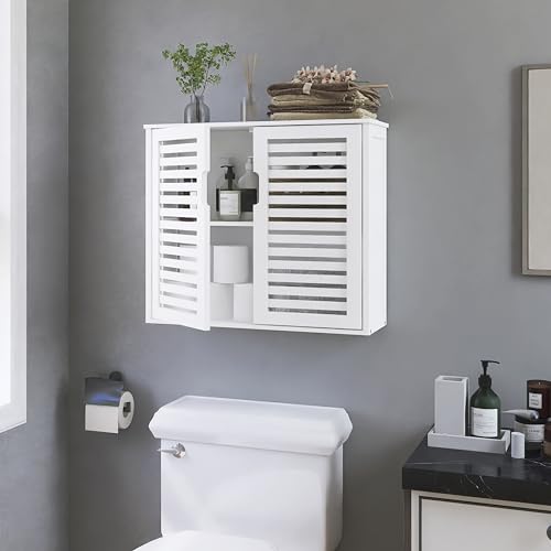 HITNET White Bathroom Cabinet Over Toilet, Bamboo Hanging Medicine Cabinet, Wall-Mounted Storage Organizer, Kitchen Cupboard with Double Doors and Adjustable Shelf - color: White