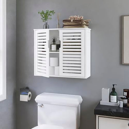 HITNET White Bathroom Cabinet Over Toilet, Bamboo Hanging Medicine Cabinet, Wall-Mounted Storage Organizer, Kitchen Cupboard with Double Doors and Adjustable Shelf - color: White