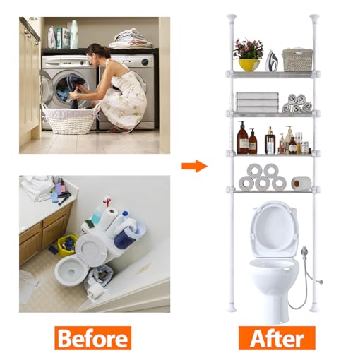 4-Tier Over The Toilet Storage Shelf, 4.5-9.5 FT Adjustable Bathroom Organizer, Heavy Duty Metal Shelves Above Behind Toilet Laundry, Space-Saving Shelving for Small Rooms, No Drill, White - color: White
