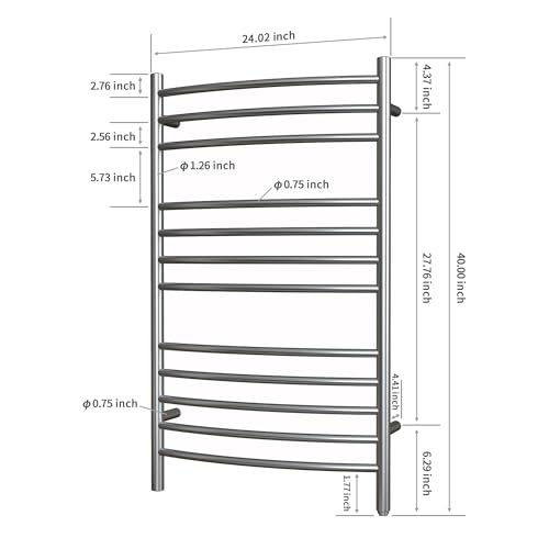 12-Bar Towel Warmer, Heated Towel Rack, Plug-in/Hardwired Gun Grey | 304 Stainless Steel Large 12-Bar Towel Warmer With Plug-In Or Hardwired Installation And Gun Grey Finish - color: Gun Grey