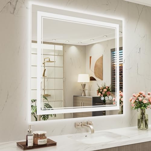 40x38 Inch LED Bathroom Mirror with Lights | Front and Backlit, 3 Colors, Dimmable, Memory, Anti Fog, Shatterproof, Horizontal/Vertical, Lighted Mirrors for Bathroom Wall - color: Dual Lights, size: 40"L x 38"W