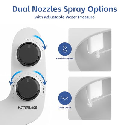 WATERLACE Bidet Attachment for Toilet Seat Water Pressure - Non Electric Bidets Self Cleaning Sprayer - Dual Nozzle Bidet Attachments Toilets Spray - Adjustable Bidets Wash Butt Cleaner for Bathroom - color: Black