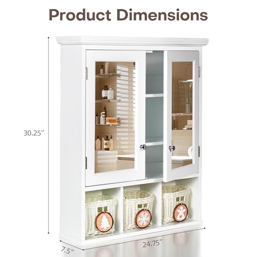 Bathroom Medicine Cabinet with Mirror Doors, Wall Mounted Cabinet with 2 Adjustable Shelves and 3 Storage Baskets, Over The Toilet Wall Cabinet for Bathroom, Laundry Room, Kitchen