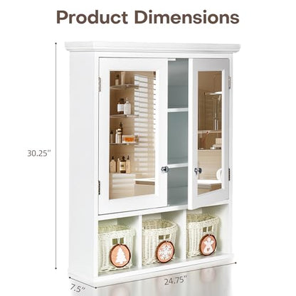 Bathroom Medicine Cabinet with Mirror Doors, Wall Mounted Cabinet with 2 Adjustable Shelves and 3 Storage Baskets, Over The Toilet Wall Cabinet for Bathroom, Laundry Room, Kitchen