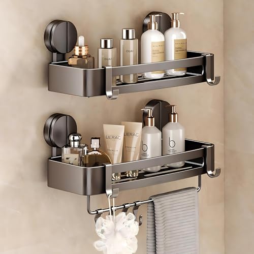 Shower Caddy Suction Cup, 2 Pack Corner Shower Shelves No Drilling, Showers Organizer Storage with Towel Bar & Removable Hooks, Bathroom Shower Shelf Rack for Inside Showers