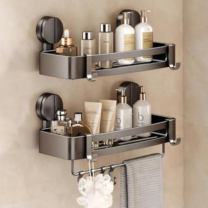 Shower Caddy Suction Cup, 2 Pack Corner Shower Shelves No Drilling, Showers Organizer Storage with Towel Bar & Removable Hooks, Bathroom Shower Shelf Rack for Inside Showers