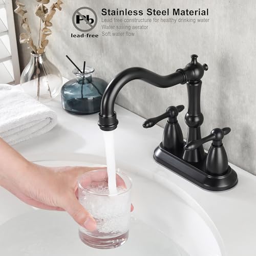 Matte Black Antique Bathroom Sink Faucet, Stainless Steel 4 inch Centerset Vanity Faucet with Drain and Supply Hose, Black Sink Faucet Bathroom 2 Hole - color: Matte Black