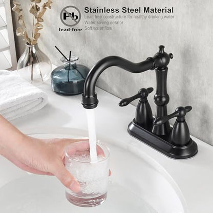 Matte Black Antique Bathroom Sink Faucet, Stainless Steel 4 inch Centerset Vanity Faucet with Drain and Supply Hose, Black Sink Faucet Bathroom 2 Hole - color: Matte Black