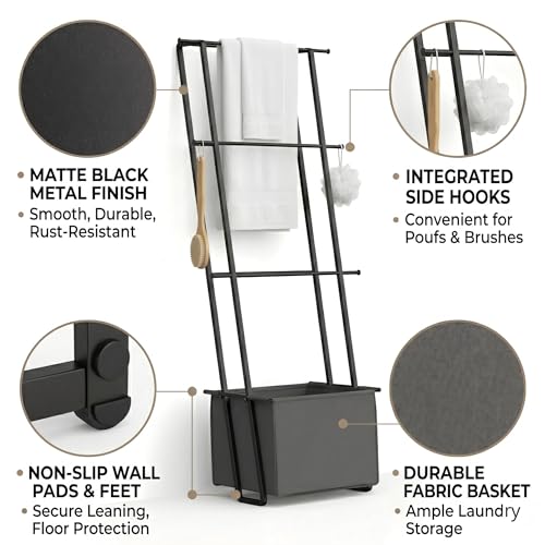 2-in-1 Leaning Blanket Ladder with Storage Basket, Matte Black Metal Towel Rack Stand, Drill-Free Space Saving Organizer for Bathroom & Bedroom Throws, 63" - color: Black With Bag