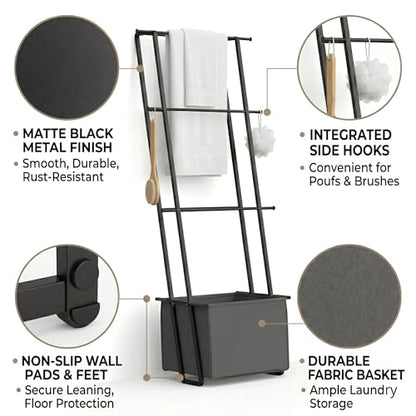 2-in-1 Leaning Blanket Ladder with Storage Basket, Matte Black Metal Towel Rack Stand, Drill-Free Space Saving Organizer for Bathroom & Bedroom Throws, 63" - color: Black With Bag
