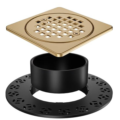 4" Shower Drain Grate Kit, Fits Schluter Kerdi | Champagne Bronze, Square Floor Drain SS304 Stainless Steel Removable Drain Cover with Adjustable Collar, ABS Flange