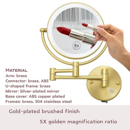 8 Inch Brass Rechargeable Lighted Wall Mounted Makeup Mirror Gold, 1X/5X Double Sided Vanity Mirror with Light and Magnification, 360 Swivel Extendable Shaving Mirror, Brushed Gold - color: Brushed Gold