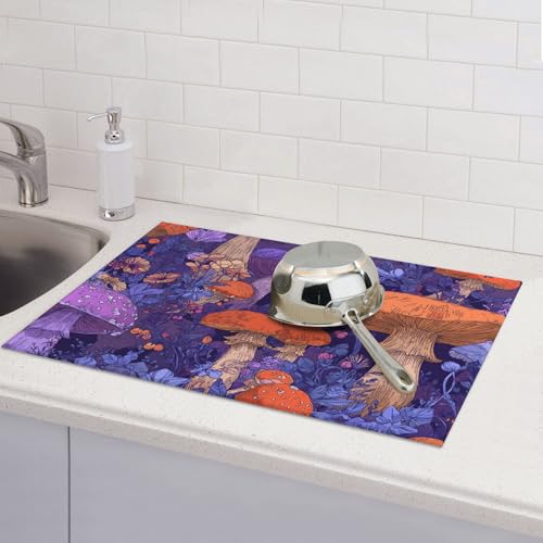 Mushroom Pattern Dish Drying Mat for Kitchen Counter Absorbent Microfiber Reversible Fast Drying Pad Countertop Protector Extra Large 18"x24"Dish Mat - color: Purple-Mushroom