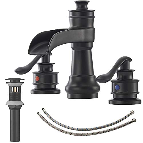 Bathroom Sink Faucet Waterfall 3 Hole or 8 Inch Widespread Tap | Matte Balck,Brass,Double Handle,Easy to Clean,Simple Installation,Pop-up Drain,Supply Line,Control of Hot and Cold Water - color: Matte Black