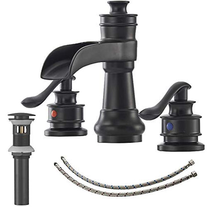 Bathroom Sink Faucet Waterfall 3 Hole or 8 Inch Widespread Tap | Matte Balck,Brass,Double Handle,Easy to Clean,Simple Installation,Pop-up Drain,Supply Line,Control of Hot and Cold Water - color: Matte Black