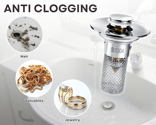 2Pcs Bathroom Sink Drain Strainer, 304 Stainless Steel Drain Filter, Pop Up Bathroom Sink Drain with Hair Catcher Fits 1 1/4" to 1 1/2" US Bathroom Sink Stopper Replacement