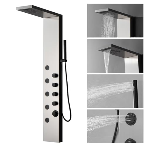 Shower Panel Tower System with Rainfall Shower Head | 5 Body Jets and Handheld Shower Head Modern Massage Shower System Brushed Nickel by Homevacious - color: Brushed Nickel and Black, style: Standard Shower Panel