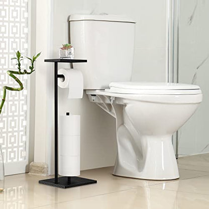 Toilet Paper Holder Free Standing Black Bathroom Toilet Paper Holder Stand with Storage Shelf, Freestanding Roll Tissue Holders Dispenser for Reserve Spare Mega Rolls - color: Black