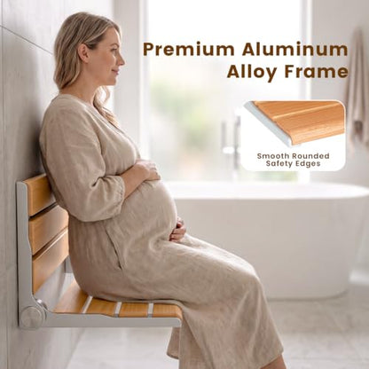 18" Wall Mount Shower Seat, Fold Down Bench for Inside Shower | Natural wood seat provides sturdy support for showering, home care and versatile living spaces - color: Yellow