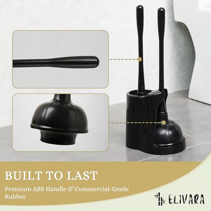 Toilet Plunger and Bowl Brush Combo with Dual-Compartment Holder – Heavy Duty Suction, Ergonomic Handles, Anti-Splash, Sleek Compact Design (Black)