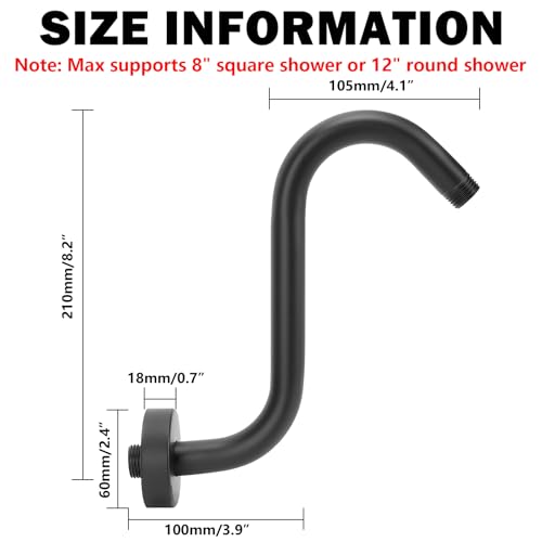 NearMoon S Shaped Shower Head Riser Arm, Shower Extender Arm with Flange, Standard 1/2" Connection- Bathroom Accessory (8 Inch, Matte Black) - color: Matte Black, style: 8 Inch