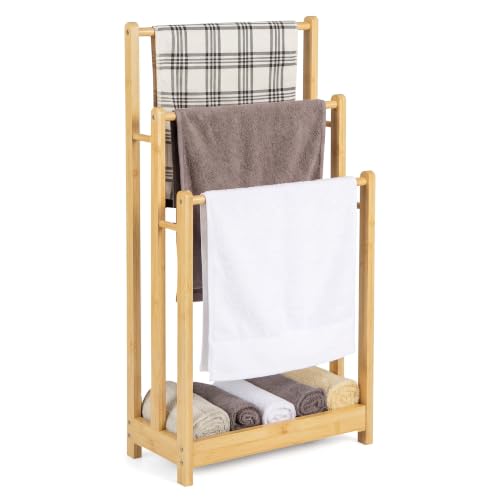 Giantex 3 Tier Free Standing Bamboo Towel Rack with Storage Shelf, Natural | Bath Towel Drying Stand, Blanket Holder for Living Room, Laundry, Bathroom, Poolside, 18" L x 9" W x 34" H - color: Natural