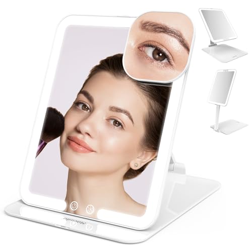 Mocado Travel Makeup Mirror with Light, Foldable Lighted Makeup Mirror | 8x6 Inches, 3 Colors Lighting, Height & Angle Adjustable, 0-100% Brightness, 2000mAh Rechargeable, Memory Function(White) - color: White, size: 8"L x 6"W