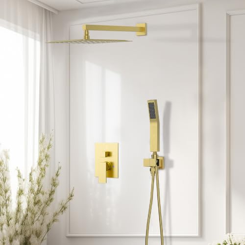 STARBATH Shower Faucet Set Shower System with Diverter Valve, Brushed Gold | 12" Wall Mount Rain Shower Head and Handheld Spray for Two Person, Shower System with Diverter Valve and Trim Kit Complete - color: Gold, size: 12"-01
