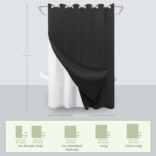 Inhousolu No Hook Shower Curtain with Removable Snap-in Liner, Waffle Weave 230 GSM Polyester, Weighted Hem, Water Repellent Washable, 36 x 72 Inch, Black - color: Black, size: 36"W x 72"L (Pack of 1)