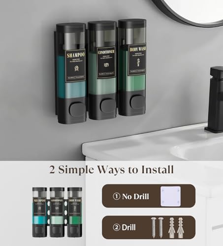 Luxspire Shampoo and Conditioner Dispenser, Shower Soap Dispenser 3-Chamber | Lockable Large Capacity 900ml No-Drill Wall-Mounted Shampoo and Body Wash Dispenser for Bathroom Hotel Kitchen Airbnb - color: Classic Black, size: 3 Chamber