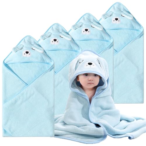 Baby Hooded Towels 4 Pack Unisex Bath Essentials 31.5x31.5 in Coral Fleece Super Soft Absorbent Baby Towels Newborn Necessities Gift Baby Stuff Towel with Hood for Boy, Girl, Babies, Toddlers - color: 09 Blue Dog-4pack