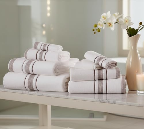 Bath Towels Set for Bathroom – Luxury 6-Piece Cotton Towels, Soft Absorbent & Quick Dry, 600 GSM Bath Towels for Bathroom, Hotel Spa Quality (White/Brown, 6- Bath Towel Set) - color: White/Brown