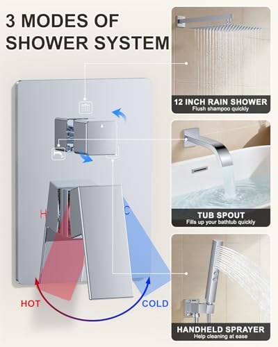 Chrome Shower System with Tub Spout, Wall Mounted Bathtub Shower Faucet Set, 12" Rainfall Shower Head and Handheld Shower Combo, High Pressure Shower Fixtures Set with Rough-in Valve - color: Polished Chrome, style: 12" Wall Mounted Shower System with Tub