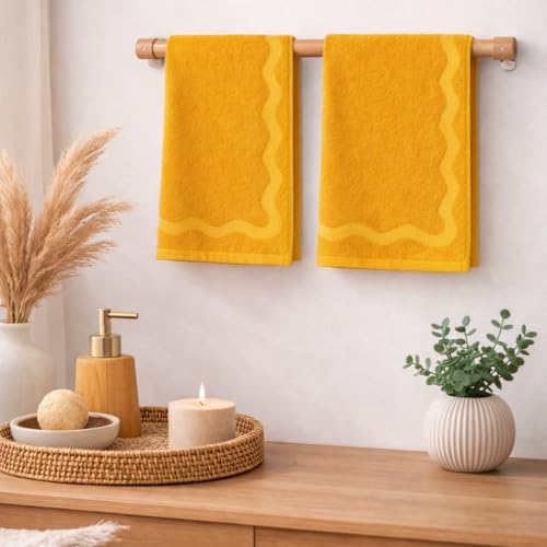 MONDAY MOOSE Scalloped Decorative Hand Towels, 2-Pack Soft Cotton with Wavy Embossed Design for Bathroom, Kitchen or Spa (16x28 inch, Mustard) - color: Mustard, size: 16x28 inch (Embossed Wavy, Hand Towels)
