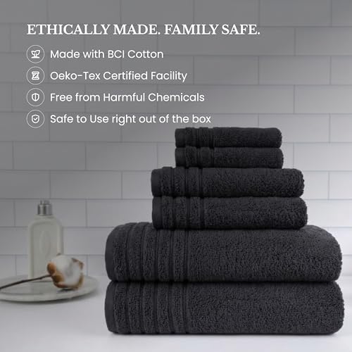 BW Luxe Home - 100% Soft Turkish Cotton 6 Piece Black Towel Set (2 Bath, 2 Hand, 2 Wash). 600 GSM, Combed Natural Yarn for Fast Drying & Excellent Absorption. Hotel & Spa Luxury Quality. - color: Rich Black