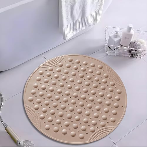 Shower Mat Anti-Slip 21.6'' Round Bathtub Mat with Suction Cups Machine Washable Shower Bath Mat - color: Khaki